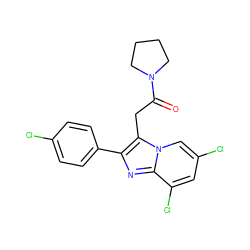 O=C(Cc1c(-c2ccc(Cl)cc2)nc2c(Cl)cc(Cl)cn12)N1CCCC1 ZINC000013607364