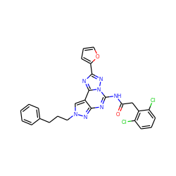 O=C(Cc1c(Cl)cccc1Cl)Nc1nc2nn(CCCc3ccccc3)cc2c2nc(-c3ccco3)nn12 ZINC000096308855