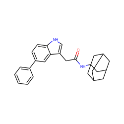 O=C(Cc1c[nH]c2ccc(-c3ccccc3)cc12)NC12CC3CC(CC(C3)C1)C2 ZINC000084703866