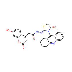 O=C(Cc1cc(=O)oc2cc(O)ccc12)N/N=C1\SCC(=O)N1c1c2c(nc3ccccc13)CCCC2 ZINC000299832082