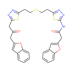 O=C(Cc1cc2ccccc2o1)Cc1nnc(CCSCCc2nnc(NC(=O)Cc3cc4ccccc4o3)s2)s1 ZINC000169697979