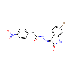 O=C(Cc1ccc([N+](=O)[O-])cc1)N/N=C1/C(=O)Nc2cc(Br)ccc21 ZINC000005175432