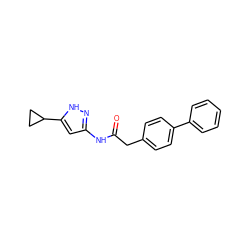 O=C(Cc1ccc(-c2ccccc2)cc1)Nc1cc(C2CC2)[nH]n1 ZINC000012354914