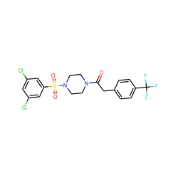 O=C(Cc1ccc(C(F)(F)F)cc1)N1CCN(S(=O)(=O)c2cc(Cl)cc(Cl)c2)CC1 ZINC000040917009