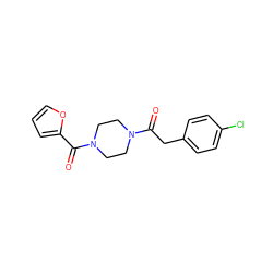 O=C(Cc1ccc(Cl)cc1)N1CCN(C(=O)c2ccco2)CC1 ZINC000000614991