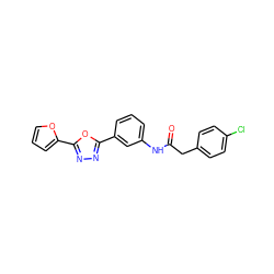 O=C(Cc1ccc(Cl)cc1)Nc1cccc(-c2nnc(-c3ccco3)o2)c1 ZINC000002377120