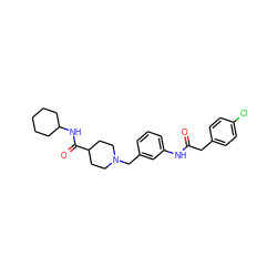 O=C(Cc1ccc(Cl)cc1)Nc1cccc(CN2CCC(C(=O)NC3CCCCC3)CC2)c1 ZINC001772635312