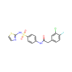 O=C(Cc1ccc(F)c(Cl)c1)Nc1ccc(S(=O)(=O)Nc2nccs2)cc1 ZINC000103250381