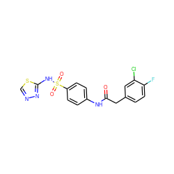 O=C(Cc1ccc(F)c(Cl)c1)Nc1ccc(S(=O)(=O)Nc2nncs2)cc1 ZINC000103250386