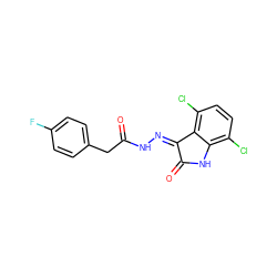 O=C(Cc1ccc(F)cc1)N/N=C1\C(=O)Nc2c(Cl)ccc(Cl)c21 ZINC000072179492