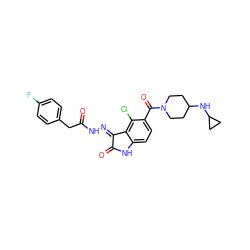 O=C(Cc1ccc(F)cc1)N/N=C1\C(=O)Nc2ccc(C(=O)N3CCC(NC4CC4)CC3)c(Cl)c21 ZINC000072179520