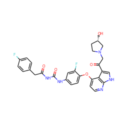 O=C(Cc1ccc(F)cc1)NC(=O)Nc1ccc(Oc2ccnc3[nH]cc(C(=O)CN4CC[C@H](O)C4)c23)c(F)c1 ZINC000042807490