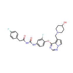 O=C(Cc1ccc(F)cc1)NC(=O)Nc1ccc(Oc2ncnn3ccc(CN4CCC(O)CC4)c23)c(F)c1 ZINC000029040631