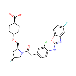 O=C(Cc1ccc(Nc2nc3cc(F)ccc3o2)c(Cl)c1)N1C[C@@H](F)C[C@H]1CO[C@H]1CC[C@H](C(=O)O)CC1 ZINC000253679863