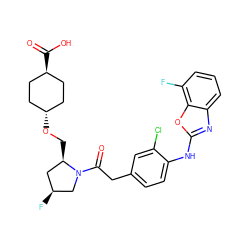 O=C(Cc1ccc(Nc2nc3cccc(F)c3o2)c(Cl)c1)N1C[C@@H](F)C[C@H]1CO[C@H]1CC[C@H](C(=O)O)CC1 ZINC000254025894