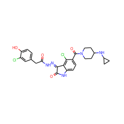 O=C(Cc1ccc(O)c(Cl)c1)N/N=C1\C(=O)Nc2ccc(C(=O)N3CCC(NC4CC4)CC3)c(Cl)c21 ZINC000072179436