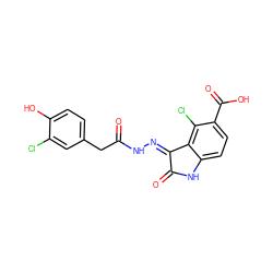 O=C(Cc1ccc(O)c(Cl)c1)N/N=C1\C(=O)Nc2ccc(C(=O)O)c(Cl)c21 ZINC000072181000