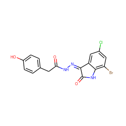 O=C(Cc1ccc(O)cc1)N/N=C1\C(=O)Nc2c(Br)cc(Cl)cc21 ZINC000072178650