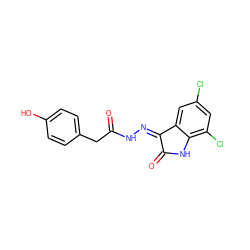 O=C(Cc1ccc(O)cc1)N/N=C1\C(=O)Nc2c(Cl)cc(Cl)cc21 ZINC000072179742