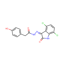 O=C(Cc1ccc(O)cc1)N/N=C1\C(=O)Nc2c(Cl)ccc(Cl)c21 ZINC000072182597