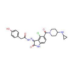 O=C(Cc1ccc(O)cc1)N/N=C1\C(=O)Nc2ccc(C(=O)N3CCC(NC4CC4)CC3)c(Cl)c21 ZINC000072179692