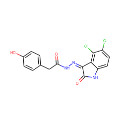 O=C(Cc1ccc(O)cc1)N/N=C1\C(=O)Nc2ccc(Cl)c(Cl)c21 ZINC000072178394