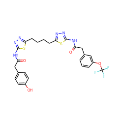 O=C(Cc1ccc(O)cc1)Nc1nnc(CCCCc2nnc(NC(=O)Cc3cccc(OC(F)(F)F)c3)s2)s1 ZINC000653869563