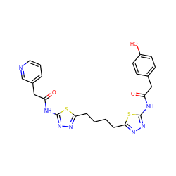 O=C(Cc1ccc(O)cc1)Nc1nnc(CCCCc2nnc(NC(=O)Cc3cccnc3)s2)s1 ZINC000653869531