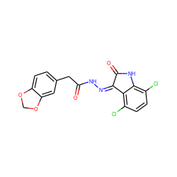 O=C(Cc1ccc2c(c1)OCO2)N/N=C1\C(=O)Nc2c(Cl)ccc(Cl)c21 ZINC000072179721