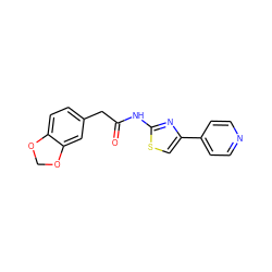 O=C(Cc1ccc2c(c1)OCO2)Nc1nc(-c2ccncc2)cs1 ZINC000009521422