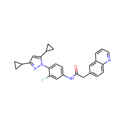 O=C(Cc1ccc2ncccc2c1)Nc1ccc(-n2nc(C3CC3)cc2C2CC2)c(F)c1 ZINC000116814738