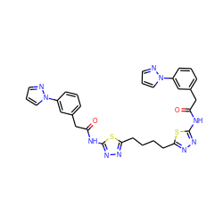 O=C(Cc1cccc(-n2cccn2)c1)Nc1nnc(CCCCc2nnc(NC(=O)Cc3cccc(-n4cccn4)c3)s2)s1 ZINC000169698152