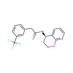 O=C(Cc1cccc(C(F)(F)F)c1)N[C@@H]1CCOc2ncccc21 ZINC000146658816