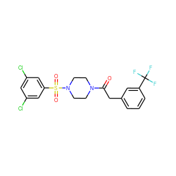 O=C(Cc1cccc(C(F)(F)F)c1)N1CCN(S(=O)(=O)c2cc(Cl)cc(Cl)c2)CC1 ZINC000040405353