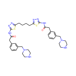 O=C(Cc1cccc(CN2CCNCC2)c1)Nc1nnc(CCCCc2nnc(NC(=O)Cc3cccc(CN4CCNCC4)c3)s2)s1 ZINC000169698133