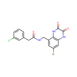 O=C(Cc1cccc(Cl)c1)NCc1cc(Br)cc2[nH]c(=O)c(=O)[nH]c12 ZINC000027554426