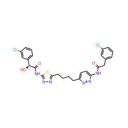 O=C(Cc1cccc(Cl)c1)Nc1ccc(CCCCc2nnc(NC(=O)[C@@H](O)c3cccc(Cl)c3)s2)nn1 ZINC000169698356