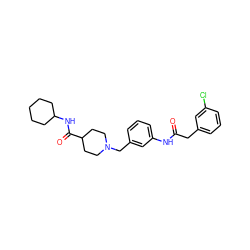 O=C(Cc1cccc(Cl)c1)Nc1cccc(CN2CCC(C(=O)NC3CCCCC3)CC2)c1 ZINC001772652028