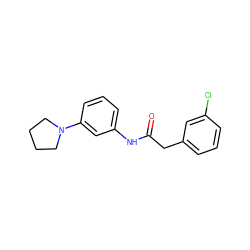 O=C(Cc1cccc(Cl)c1)Nc1cccc(N2CCCC2)c1 ZINC000067816537