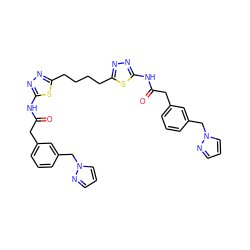 O=C(Cc1cccc(Cn2cccn2)c1)Nc1nnc(CCCCc2nnc(NC(=O)Cc3cccc(Cn4cccn4)c3)s2)s1 ZINC000169698256