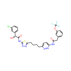 O=C(Cc1cccc(OC(F)(F)F)c1)Nc1ccc(CCCCc2nnc(NC(=O)[C@@H](O)c3cccc(Cl)c3)s2)nn1 ZINC000169698354