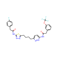 O=C(Cc1cccc(OC(F)(F)F)c1)Nc1ccc(CCCCc2nnc(NC(=O)Cc3ccc(F)cc3)s2)nn1 ZINC000169698686