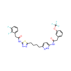 O=C(Cc1cccc(OC(F)(F)F)c1)Nc1ccc(CCCCc2nnc(NC(=O)Cc3cccc(F)c3F)s2)nn1 ZINC000169698689