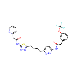 O=C(Cc1cccc(OC(F)(F)F)c1)Nc1ccc(CCCCc2nnc(NC(=O)Cc3ccccn3)s2)nn1 ZINC000169698697