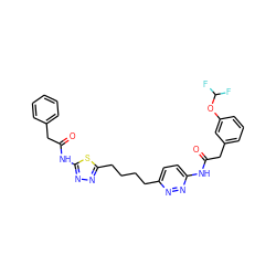 O=C(Cc1cccc(OC(F)F)c1)Nc1ccc(CCCCc2nnc(NC(=O)Cc3ccccc3)s2)nn1 ZINC000169698693