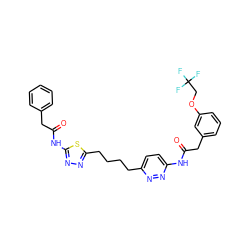 O=C(Cc1cccc(OCC(F)(F)F)c1)Nc1ccc(CCCCc2nnc(NC(=O)Cc3ccccc3)s2)nn1 ZINC000169698694