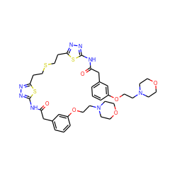 O=C(Cc1cccc(OCCN2CCOCC2)c1)Nc1nnc(CCSCCc2nnc(NC(=O)Cc3cccc(OCCN4CCOCC4)c3)s2)s1 ZINC000169698055