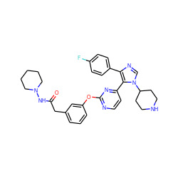 O=C(Cc1cccc(Oc2nccc(-c3c(-c4ccc(F)cc4)ncn3C3CCNCC3)n2)c1)NN1CCCCC1 ZINC000036127076