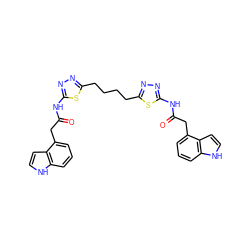 O=C(Cc1cccc2[nH]ccc12)Nc1nnc(CCCCc2nnc(NC(=O)Cc3cccc4[nH]ccc34)s2)s1 ZINC000169698214