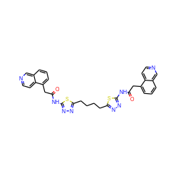 O=C(Cc1cccc2cnccc12)Nc1nnc(CCCCc2nnc(NC(=O)Cc3cccc4cnccc34)s2)s1 ZINC000261159190